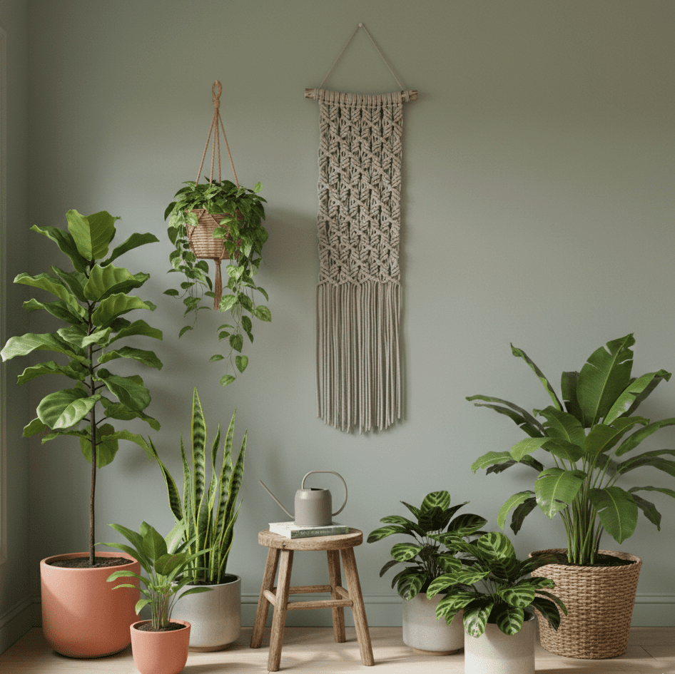 Brązowa makrama wśród roślin doniczkowych, naturalna ozdoba ścienna boho, kącik z zielenią w domu z rękodziełem.