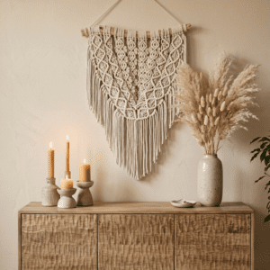 Minimalistyczna makrama wisząca nad komodą, wprowadzająca spokój i naturalny styl do domu.